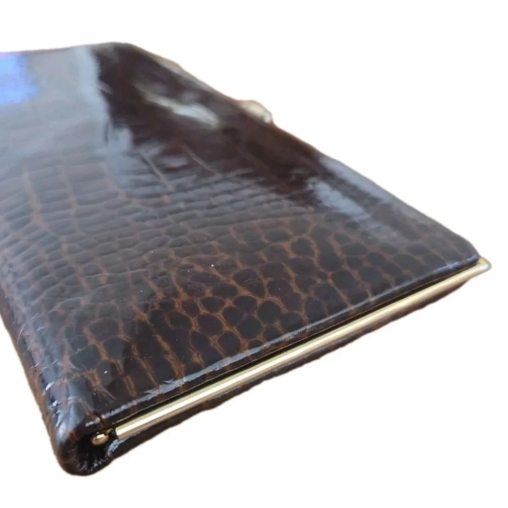 LODIS Vintage Brown Crocodile Patent Leather Large Framed Clutch Wallet
